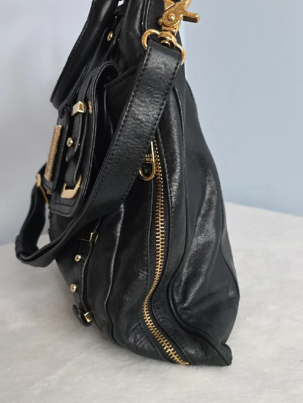 Badgley Mischka Black Leather Satchel with Gold Hardware